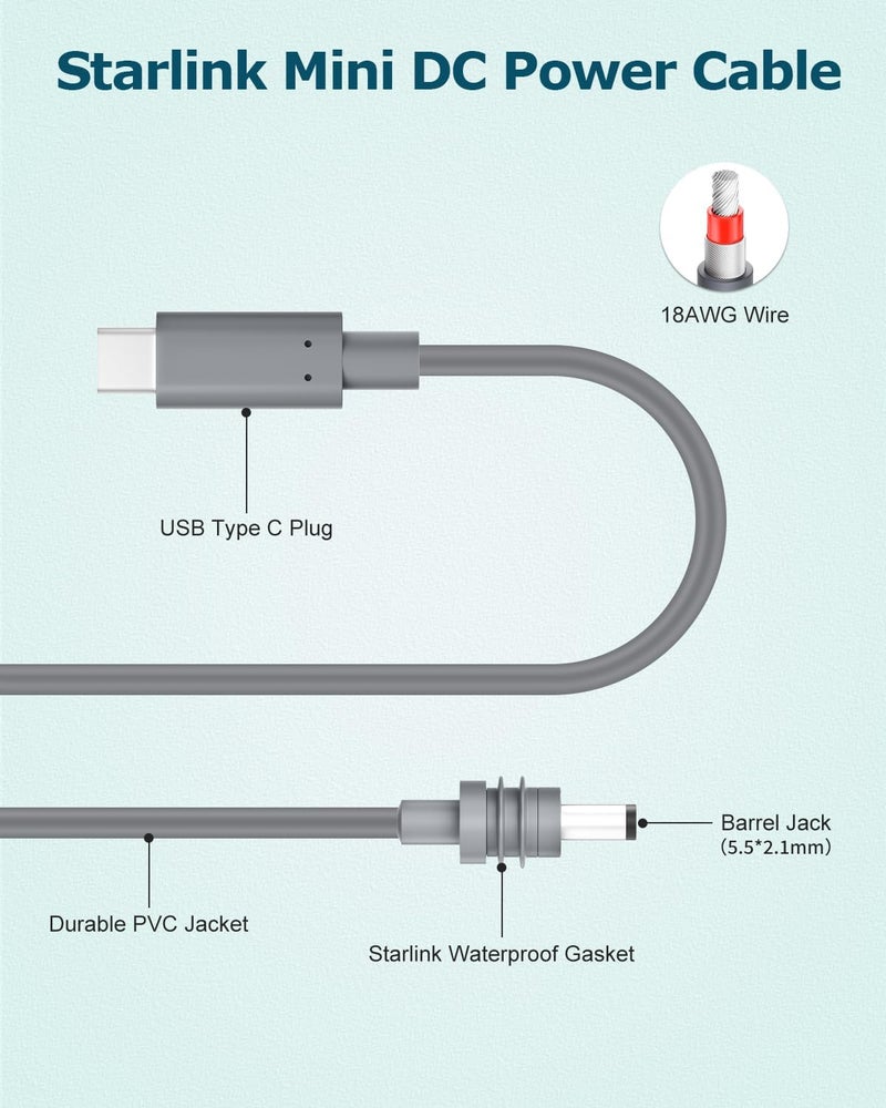 Gunovy كابل ستارلينك ميني 10 قدم كابل طاقة USB C إلى DC ستارلينك ميني 18AWG PD 100W إدخال كابل طاقة USB نوع C إلى كابل طاقة أسطواني 5.5 * 2.1 مم متوافق مع بنك الطاقة 100W+ مصدر PD مقاوم للماء رمادي 10 قدم/3 متر - Image 3